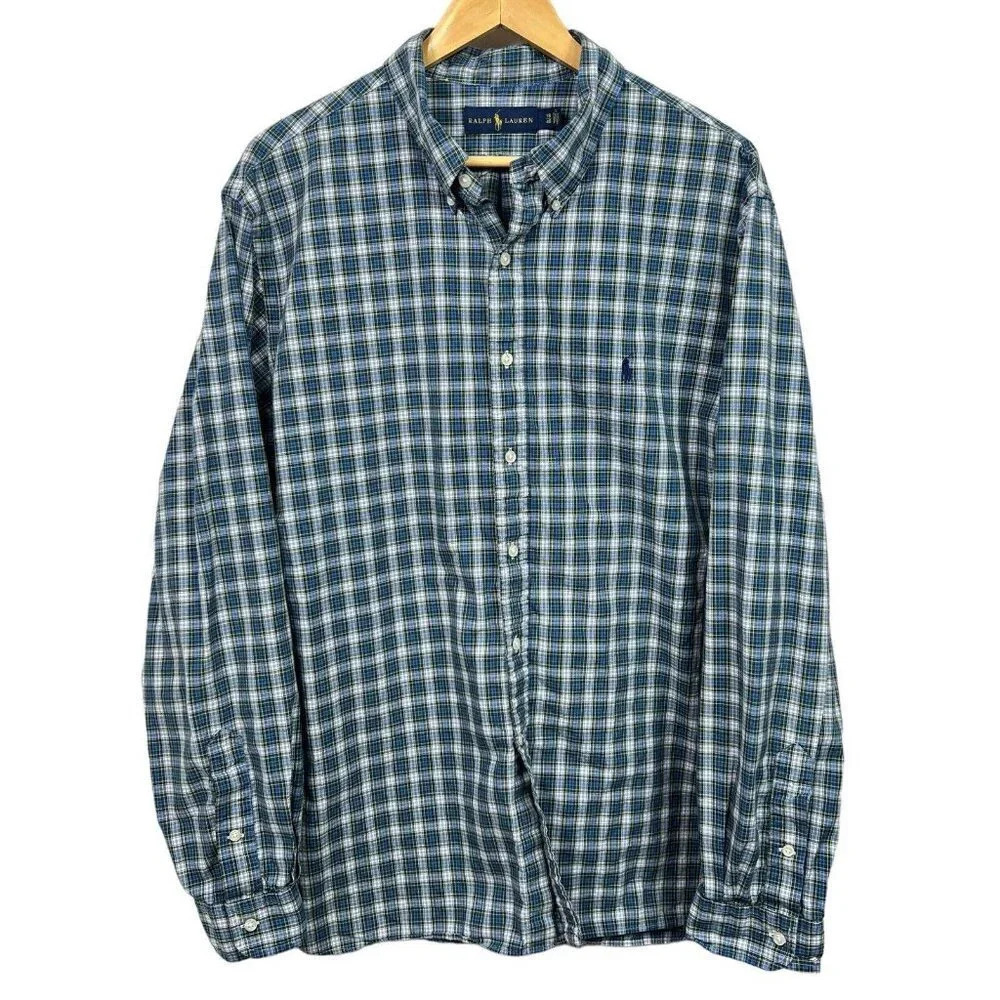 Ralph Lauren Mens Blue Plaid Size 18 / 46 Button Down Long Sleeve Cotton